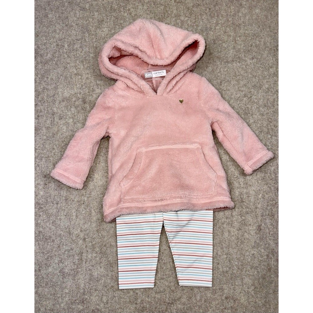 Carters Girls 2 Piece Set Size 6M Hooded Fleece Pullover Striped Pants Pink NWT